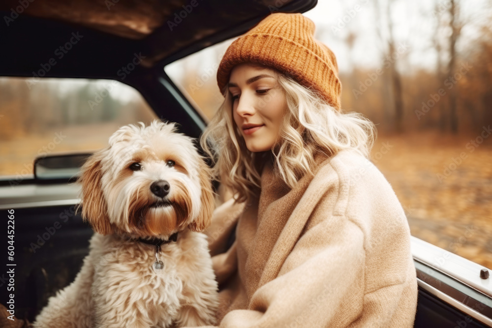 Young woman and her dog next to the car on a beautiful autumn day Young woman and her dog next to the car on a beautiful autumn day