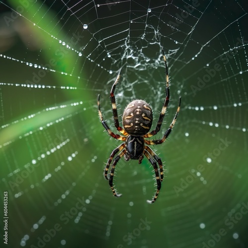 Close up of black and yellow spider in web