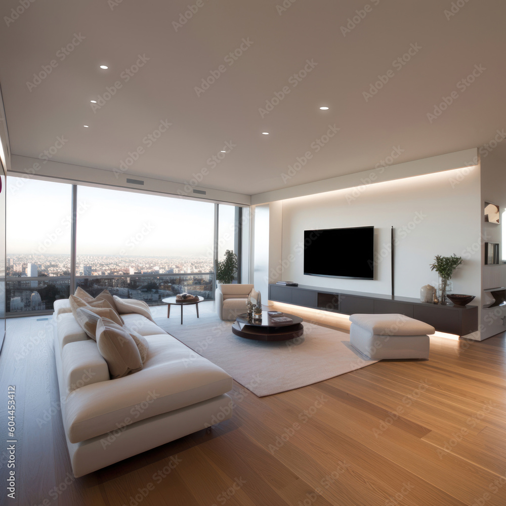 Fototapeta premium Living room with large glass windows and led lights by night. Ai generated.