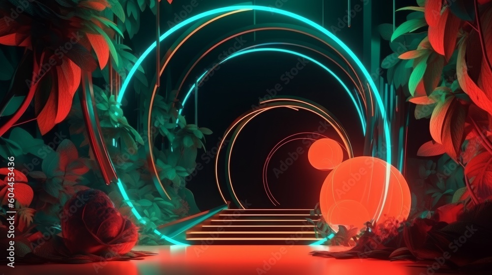 Obraz premium An abstract background with glowing neon arches and plants, combined with technology. Generative AI. 