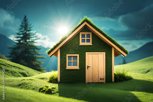 Wallpaper Mural Eco house. Green and environmentally friendly housing concept. Miniature wooden house in spring grass, moss and ferns on a sunny day Torontodigital.ca