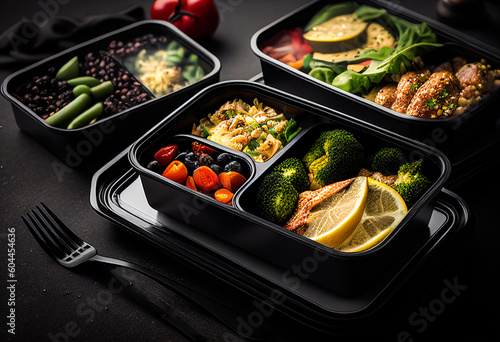 Salmon teriyaki meal prep with lots of fresh fruit and vegetables. Fitness. Generative ai