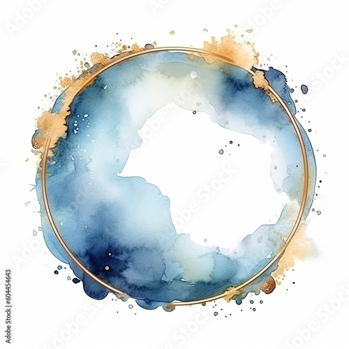 Blue and golden watercolor frame. Illustration AI Generative.