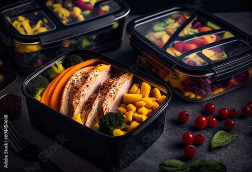 Chicken and vegetables meal prep containers with lids. Generative ai