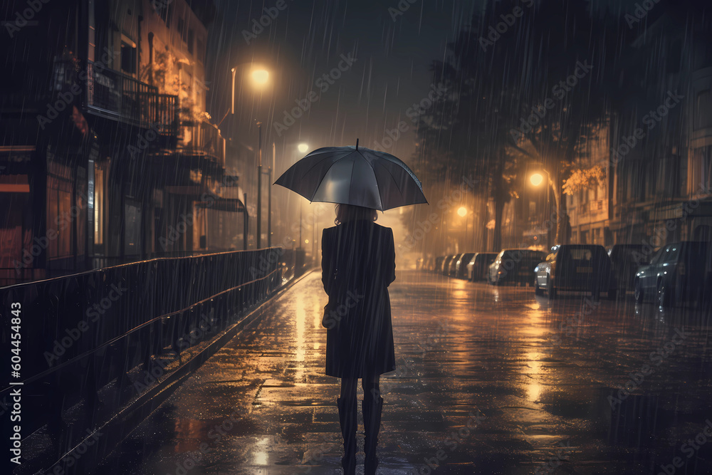 Woman with Umbrella at Night during a Heavy Rain Storm (Generative AI)
