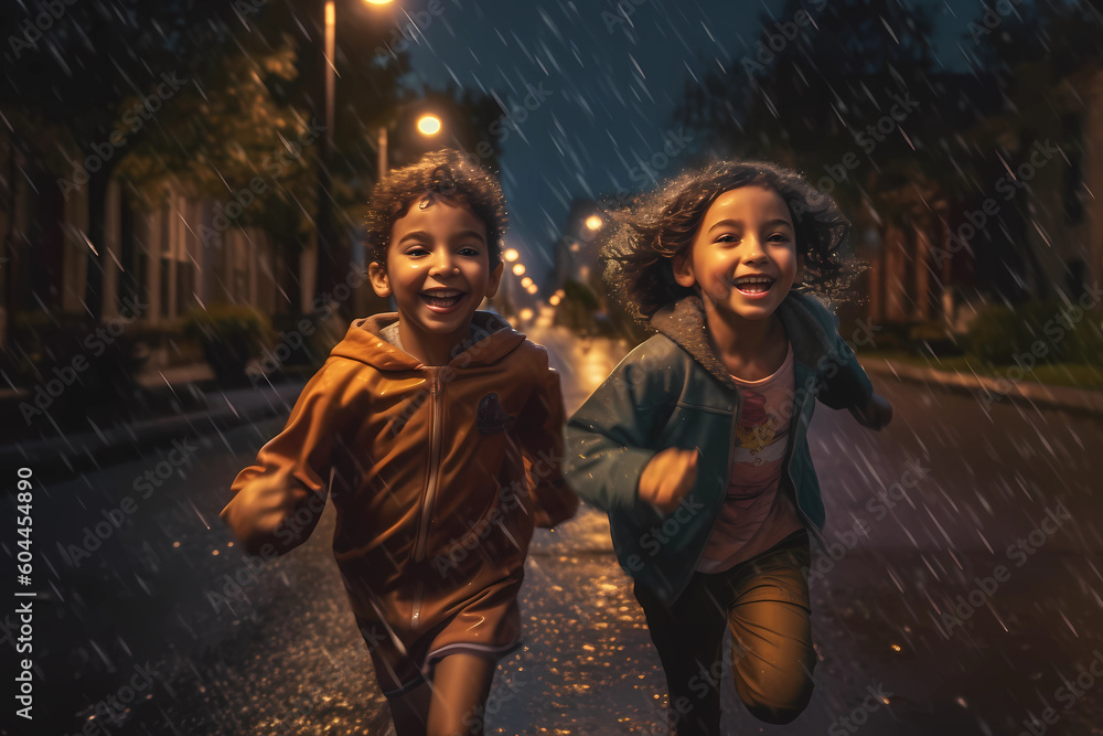 Kids Running in the Rain at Night (Generative AI)