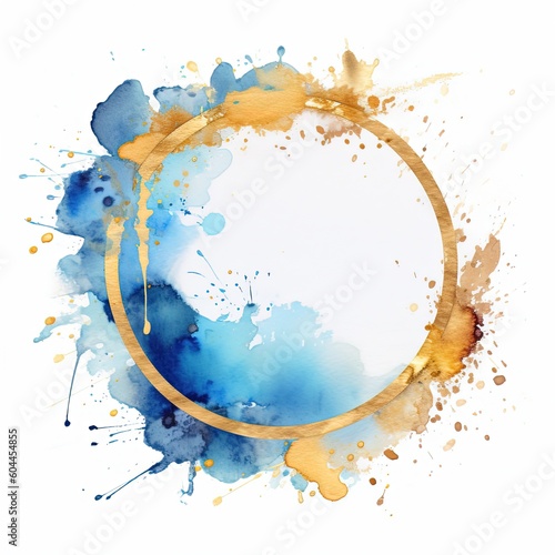 Blue and golden watercolor frame. Illustration AI Generative.
