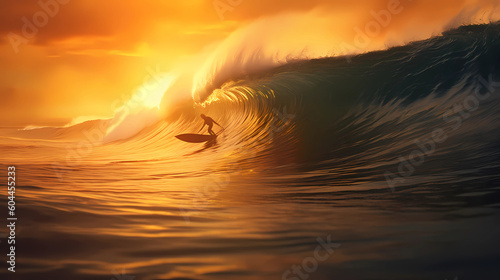 The tranquility of a serene beach sunset, where a lone surfer gracefully rides a wave into the golden hour, conveying a sense of freedom, adventure, and connection with nature (Generative AI)