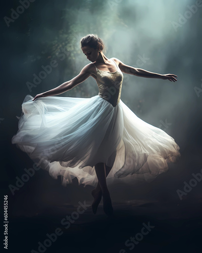 The elegance and sophistication of a ballet dancer gracefully performing a pirouette on a sunlit stage, highlighting the dancer's fluid movements and poise, conveying a sense of beauty (Generative AI)
