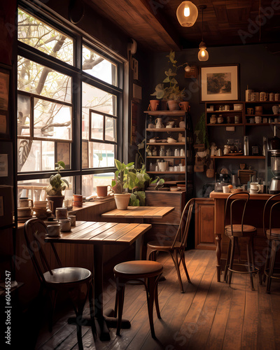 The warm and inviting ambiance of a cozy cafe  surrounded by rustic decor and soft  natural lighting that adds to the soothing atmosphere  Generative AI 