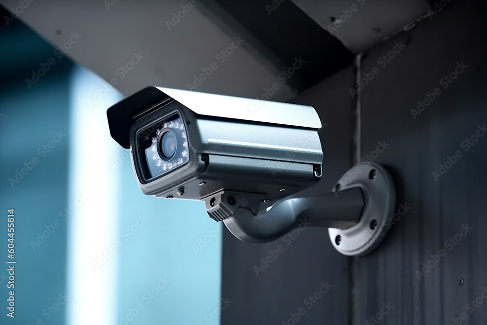Modern CCTV surveillance system installed on a high-rise building, generative AI Modern CCTV surveillance system installed on a high-rise building, generative AI