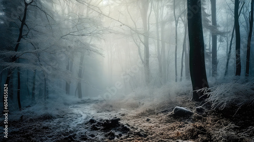 An illustration of a snow-covered forest with haze and fog  creating a magical atmosphere. Generative AI