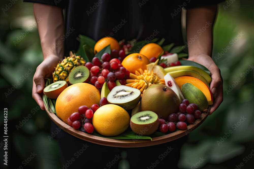 someone holding a bowl full of fresh fruit and oranges in their hands while they are standing on the ground. Generative Ai