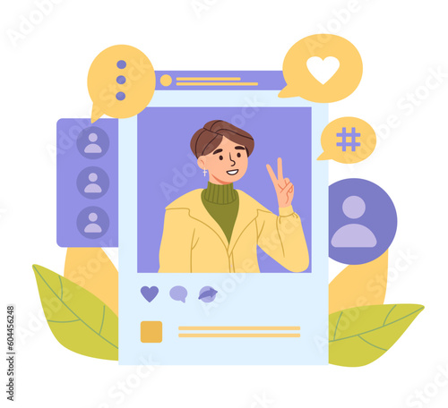 Social life concept. Young girl shows two fingers. Photo of woman in post. Popular social media personality and famous blogger. Account with reactions. Cartoon flat vector illustration