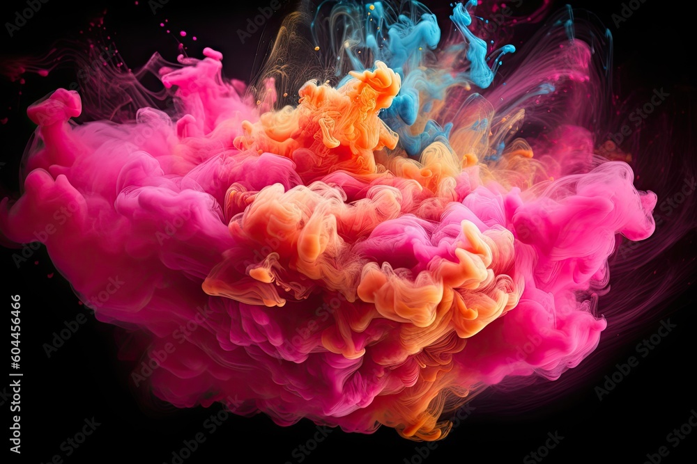 Fototapeta premium Colorful pink red rainbow smoke paint explosion, color fume powder splash, motion of liquid ink dye in water. Generative AI.