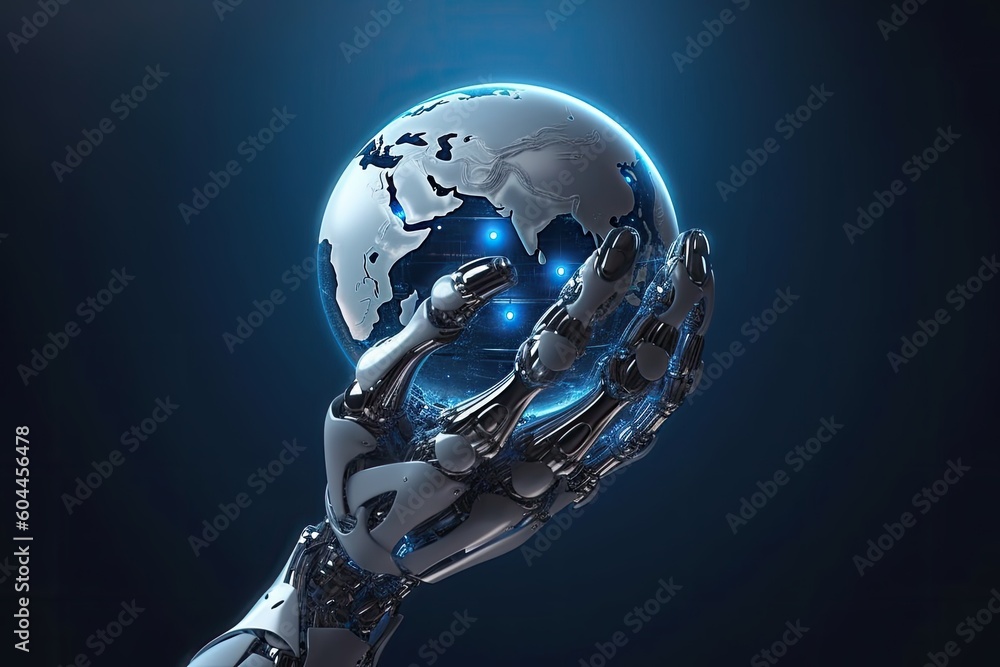 AI Artificial Robot holding the Planet Earth. Generative AI. AI Artificial Robot holding the Planet Earth. Generative AI.