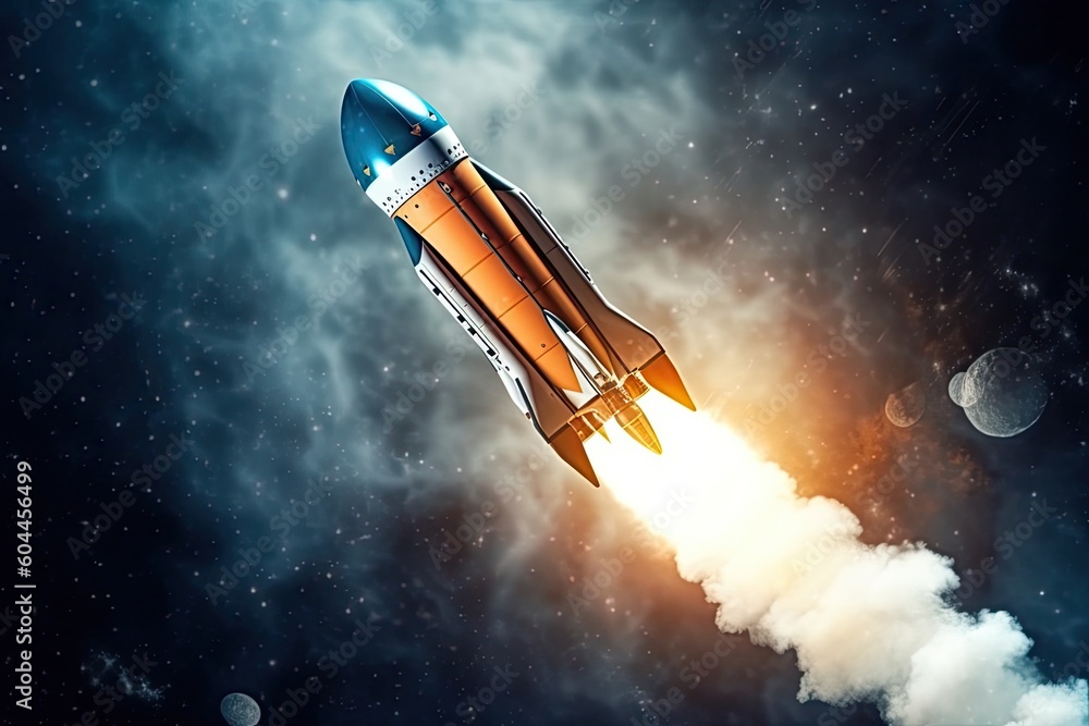 Rocket in space Business startup and business growth concept. Generative AI. Rocket in space Business startup and business growth concept. Generative AI.
