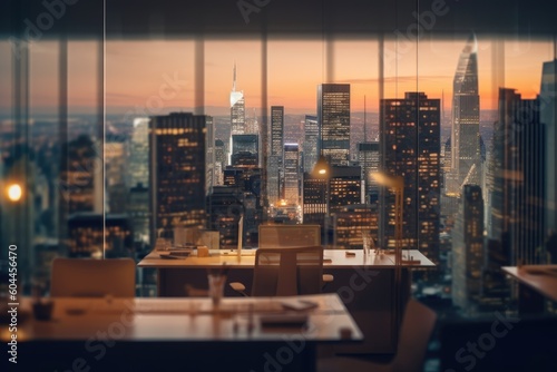 Blurred office workspace in the evening, interior workplace with cityscape for business presentation. Generative AI.