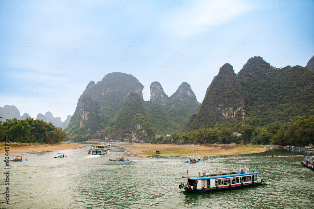 Yu Long river and Karst mountain landscape in Yangshuo Guilin, China. H