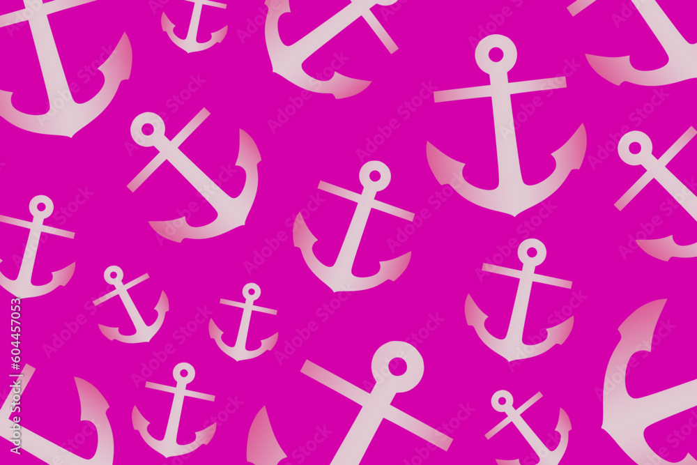 Trendy pattern with an anchor. A bunch of pink anchors scattered randomly on a violet background	