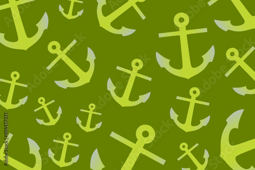 Trendy pattern with an anchor. A bunch of green anchors scattered randomly on a pastel green background 