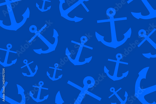 Trendy pattern with an anchor. A bunch of pastel blue anchors scattered randomly on a black background 