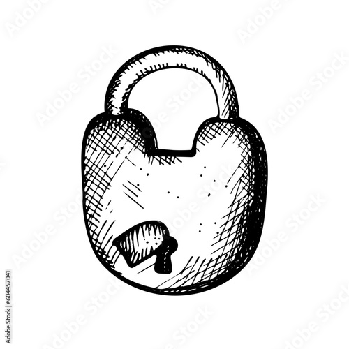 Ancient door lock. Hand drawn. Graphics in vintage style. Talisman for good luck, vintage items. Design element.  illustration
