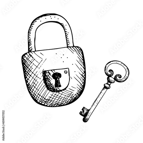 Ancient door lock. Hand drawn. Graphics in vintage style. Talisman for good luck, vintage items. Design element.  Illustration