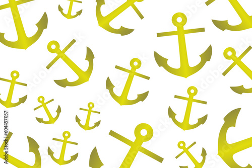 Trendy pattern with an anchor. A bunch of pastel yellow anchors scattered randomly on a white background 