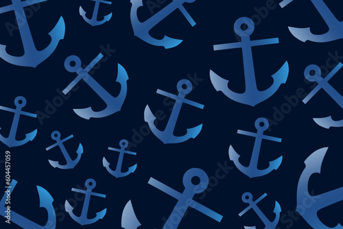 Trendy pattern with an anchor. A bunch of blue anchors scattered randomly on a dark blue background 