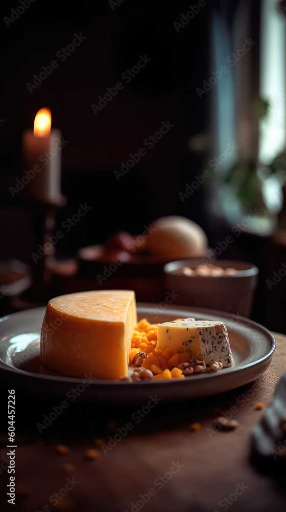 Plate with various varieties of delicious cheese on a wooden table with a blurry environment, creating a rustic atmosphere. Generative AI Plate with various varieties of delicious cheese on a wooden table with a blurry environment, creating a rustic atmosphere. Generative AI