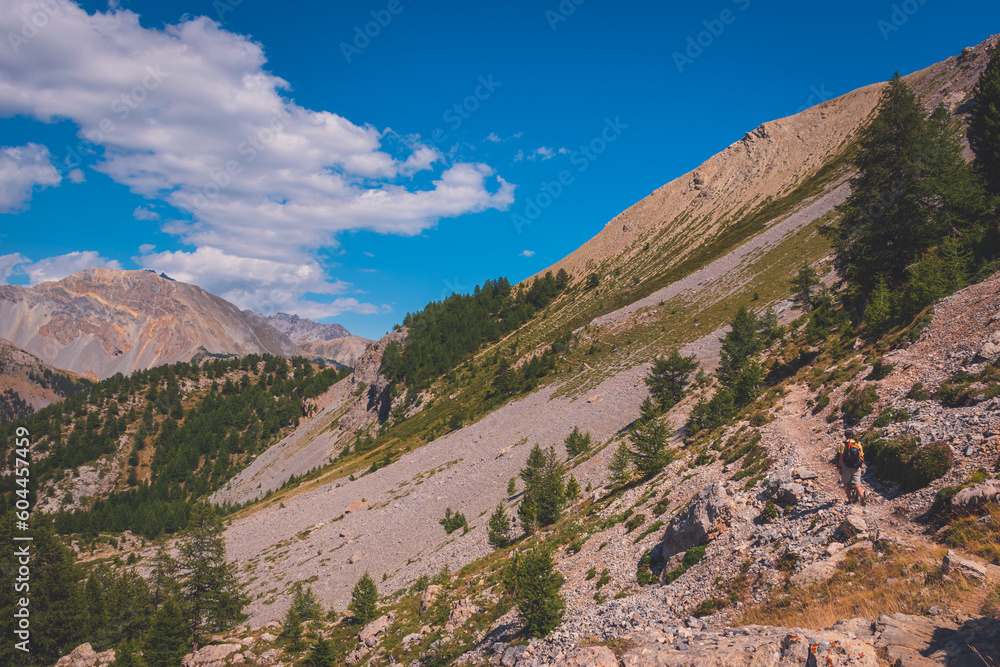 Fototapeta premium A male hiker walking in the French Alps to Col du Cros