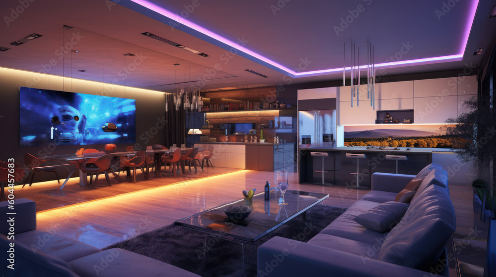 Modern Livingroom with multicolor led light - Smart home. Ai generated.. Modern Livingroom with multicolor led light - Smart home. Ai generated..