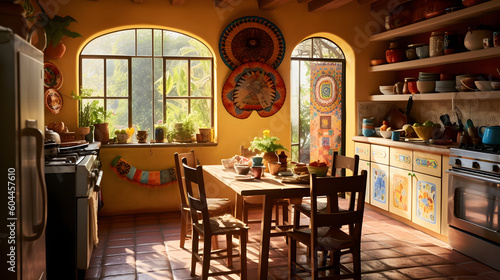 Fotografiet Cocina con adornos mexicanos es iluminada por la luz natural que entra por la ve