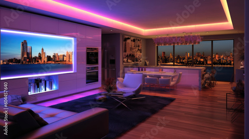Modern Livingroom with multicolor led light - Smart home. Ai generated.. © pozitivo