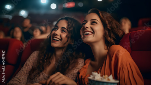 Dos mujeres compartiendo un momento feliz y romántico mientras ven una película en el cine
