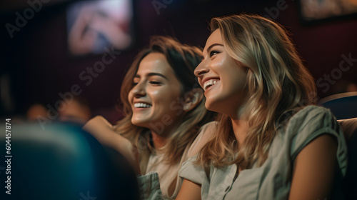 Dos mujeres compartiendo un momento feliz y romántico mientras ven una película en el cine photo