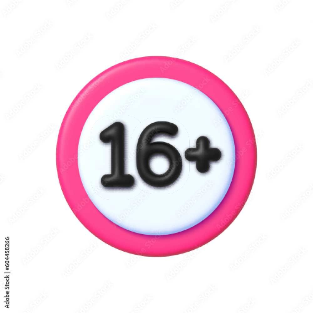 Sixteen plus sign in 3d style on white background. Under 16 years old prohibition sign, age restriction symbol isolated. Sixteen plus sign in 3d style on white background. Under 16 years old prohibition sign, age restriction symbol isolated.