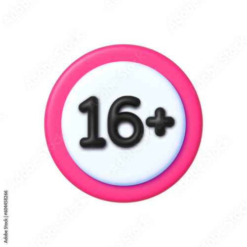 Sixteen plus sign in 3d style on white background. Under 16 years old prohibition sign  age restriction symbol isolated.