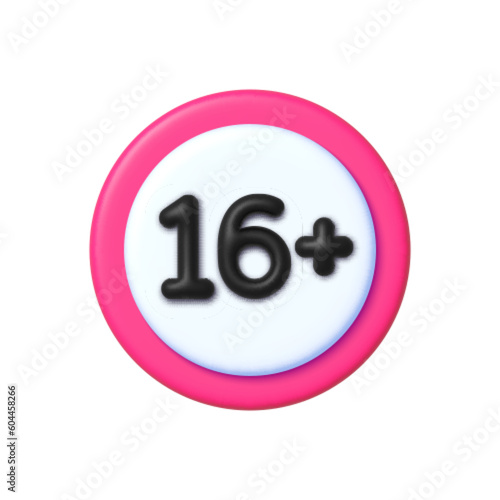 Sixteen plus sign in 3d style on white background. Under 16 years old prohibition sign, age restriction symbol isolated.
