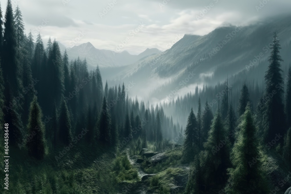Fototapeta premium AI Generated a mountain forest with high trees myst and fog grim background