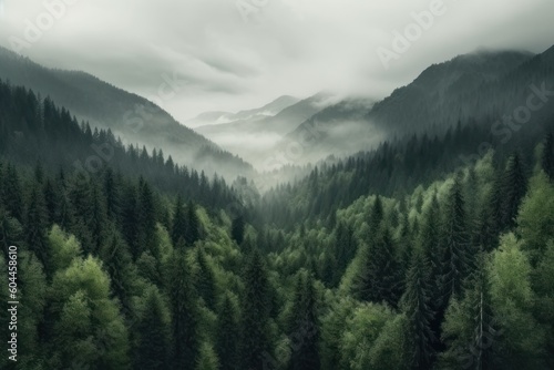 AI Generated a mountain forest with high trees myst and fog grim background © NikahGeh