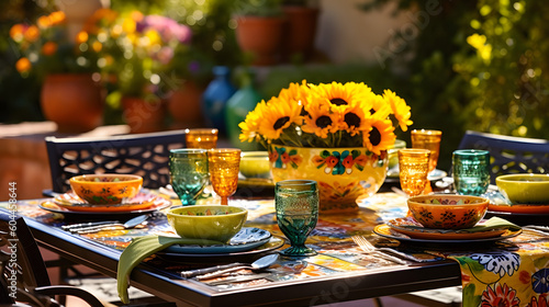 Mesa para reunión familiar con colores y decoración latina, mexicana photo