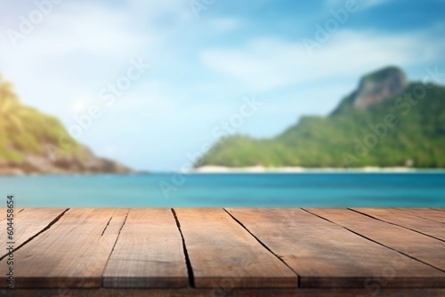 Spacious Wooden Table with Sea Background for Product Display  generative AI