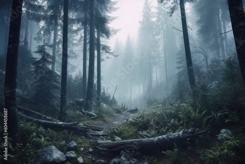 AI Generated a mountain forest with high trees myst and fog grim background