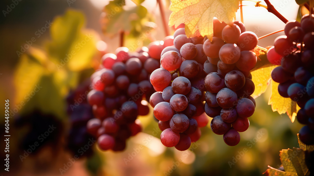 Bunch of grapes hanging from a tree branch in a vineyard at sunset. Generative AI