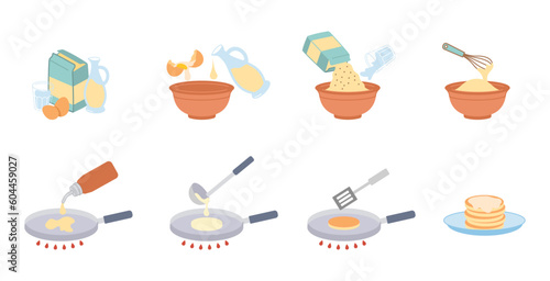 Cooking measures set. Stages of cooking dish, pancakes. Collection of dishes, plates and spoons. Healthy and traditional breakfast. Cartoon flat vector illustrations isolated on white background