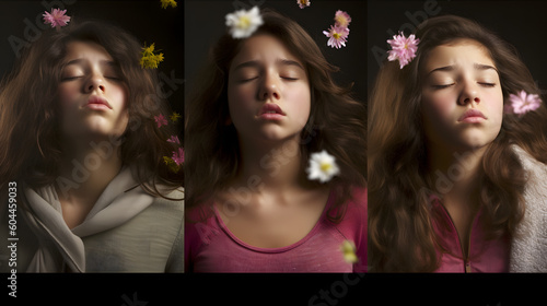 Tres jóvenes mujeres descubren la sexualidad de la adolescencia en retratos artísticos y conceptuales, con lluvia de flores y luz de estudio  photo