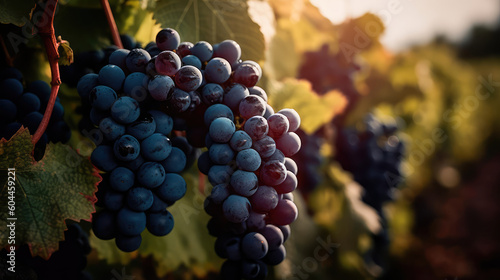 Bunch of grapes hanging from a tree branch in a vineyard at sunset. Generative AI