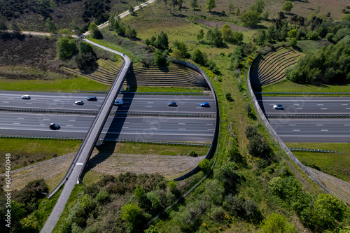 Forest aerial wildlife crossing forming a safe natural corridor bridge for animals to migrate between conservancy areas. Environment nature reserve infrastructure engineering eco passage from above photo